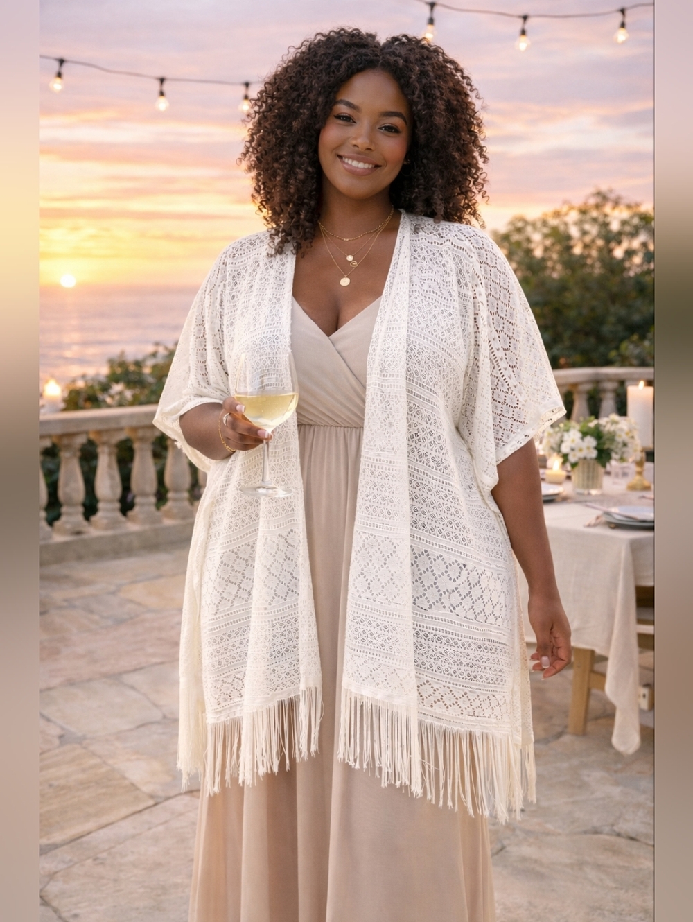 LAVISH Plus Ivory LACE KIMONO Cover Up FRINGE BOHO Resort Beach DUSTER Size 1XL